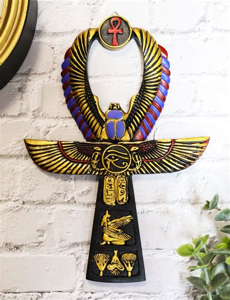 Ebros Crux Ansata Egyptian Golden Ankh With Winged Scarab Maat And Eye