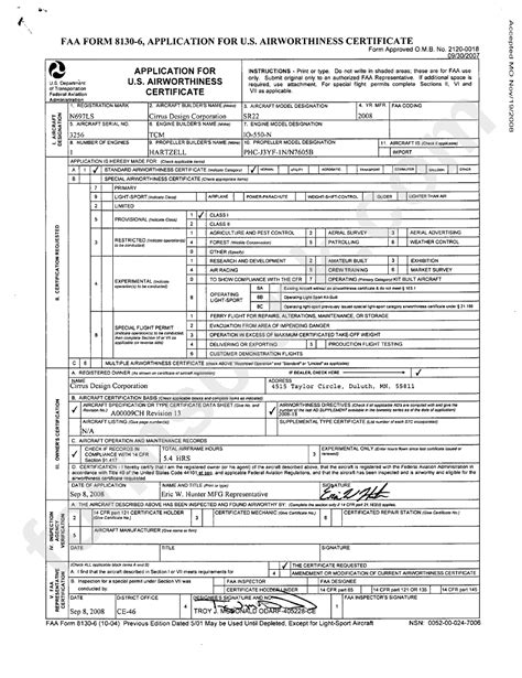 Faa Form 8130 6 Application For Us Airworthiness Certificate Wild