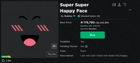 Roblox Super Super Happy Face Sshf Limited Ebay