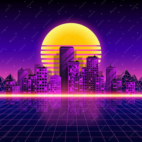 Premium Vector Retro Neon City Background Neon Style 80s Vector