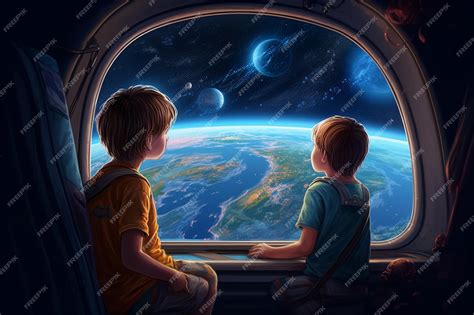 Premium Ai Image A Painting Of Two Kids Looking Out Of A Spaceship