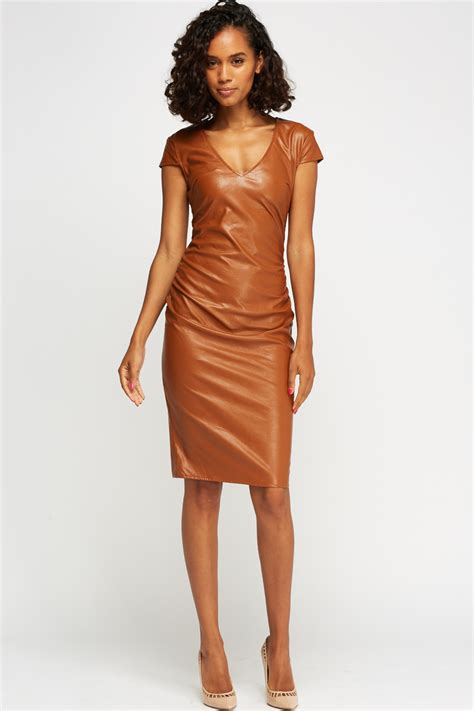 Faux Leather Ruched Midi Dress Just