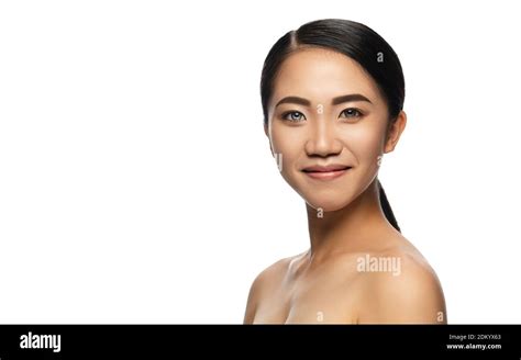 Beautiful Asian Woman With Heterochromia Isolated On White Studio Background Copyspace For Ad
