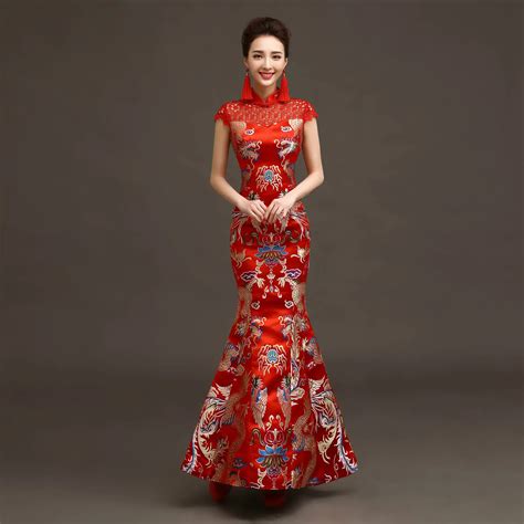 Women Chinese Cheongsam Summer Long Fishtail Chinese Traditional Dress Wedding Red Cheongsam