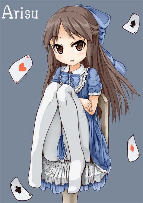 Safebooru 1girl Blue Dress Bow Brown Eyes Brown Hair Card Chair Character Name Crossed Arms