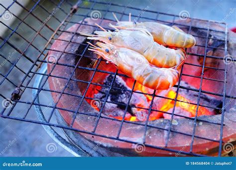 Grilled Shrimp Giant Freshwater River Prawn Grilling With Charcoal At