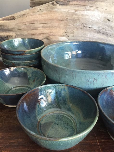Wheel Thrown Pottery Salad Bowl With Bowls Glazed In Various Shades Of