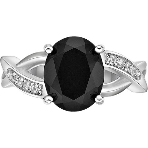 Sterling Silver Oval Black Onyx And Lab Created White Sapphire Ring