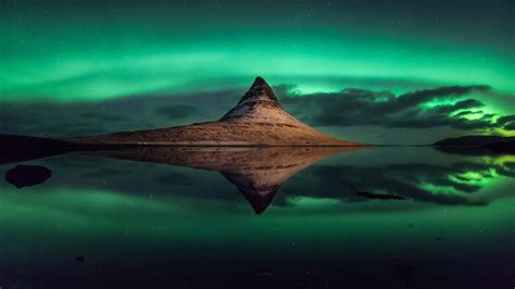 Aurora Borealis Iceland Kirkjufell Mountain Reflection On Water Under