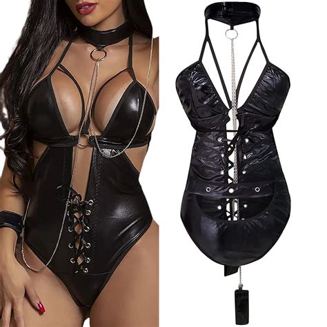 sexy ladies lingerie exotic teddies sleeveless hollow out cross tie up pu leather bodysuit