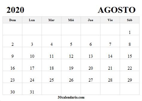 Calendario Agosto 2020 Mensual Calendario En Blanco 2020