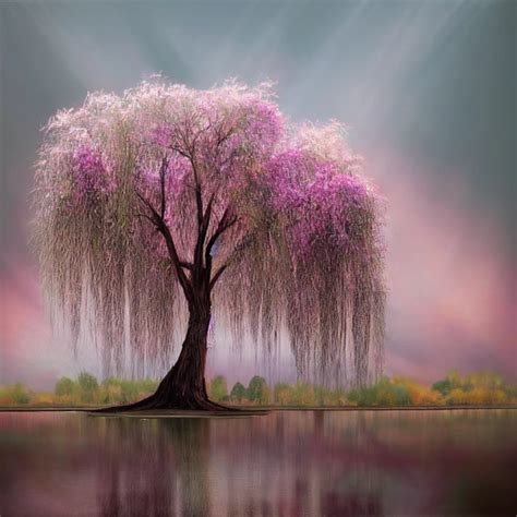 Weeping Willow Tree With Pink Flowers Midjourney