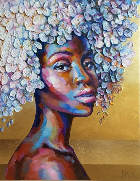 Black Girl With White Flowers African Woman Portrait Painting 2020
