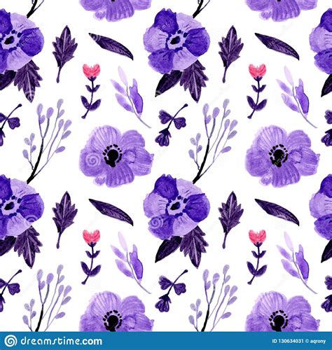 Seamless Pattern Watercolor Floral Purple Flowers Stock