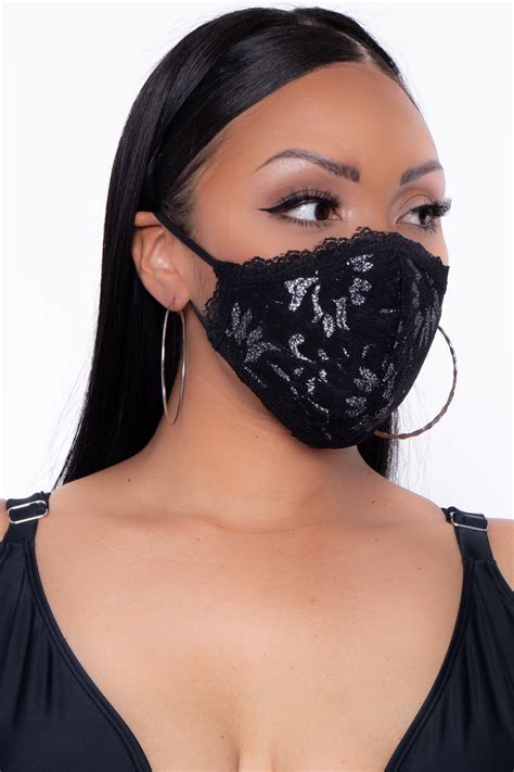 Washable 3 Layer Lace Trimmed Silver Lace Face Mask Black Fashion
