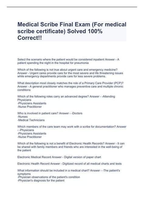 Medical Scribe Final Exam For Medical Scribe Certificate Solved 100 Correct Medical