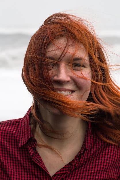 Premium Photo Close Up Happy Redhead Woman With Messy Hair On Beach