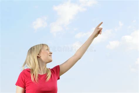 Young Woman Points The Sky Stock Image Image Of Sign 19230659