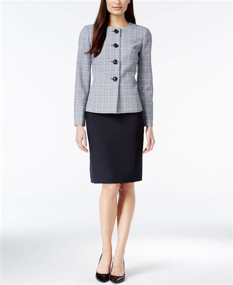 Le Suit Plaid Collarless Tweed Skirt Suit Wear To Work Women Macy