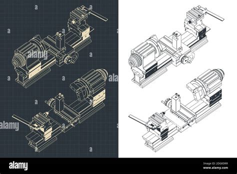 Stylized Vector Illustration Of Lathe Isometric Drawings Stock Vector