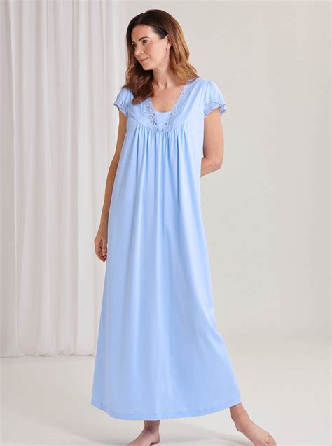 Lace Trimmed Cotton Nightdress In Blue David Nieper