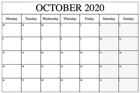 Free Printable October Calendar 2020 Pdf Templates