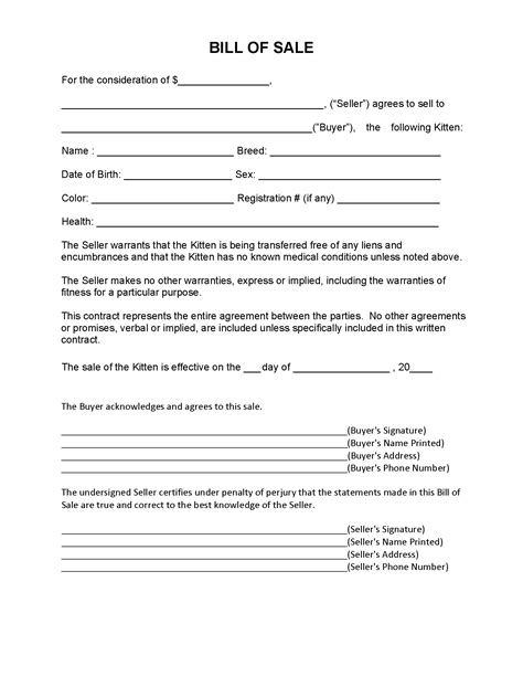 Kitten Bill Of Sale Form Fillable Pdf Free Printable Legal Forms