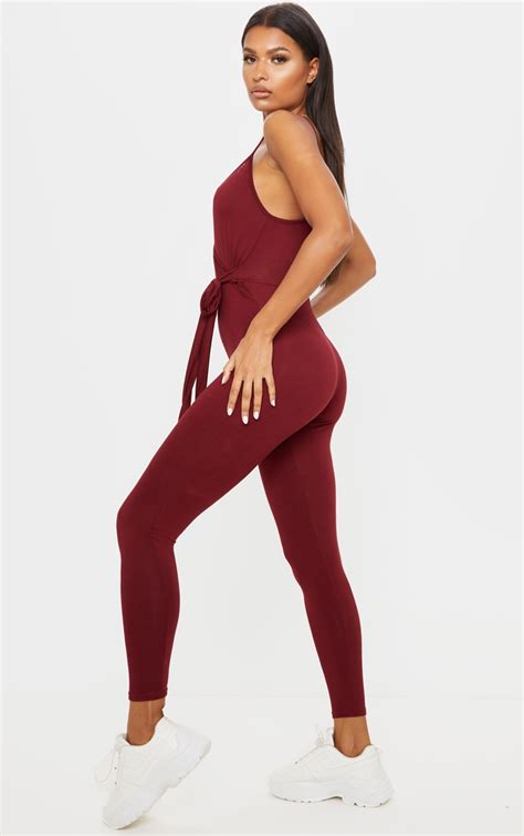 Burgundy Jersey Strappy Wrap Jumpsuit Prettylittlething Usa