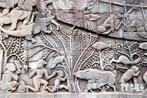 Wall Carving Of Prasat Bayon Temple In Famous Landmark Angkor Wat