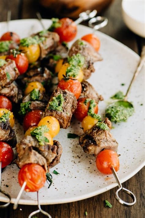 These Flank Steak Skewers With Whole30 Pesto Are Moist Tender And So Flavorful Sweet Burst