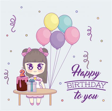 Happy Birthday Design With Kawaii Anime Girl Premium Vector