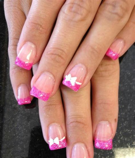 Pink Sparkle Tips With Bowtie French Nails Trendy Nails Fun Nails
