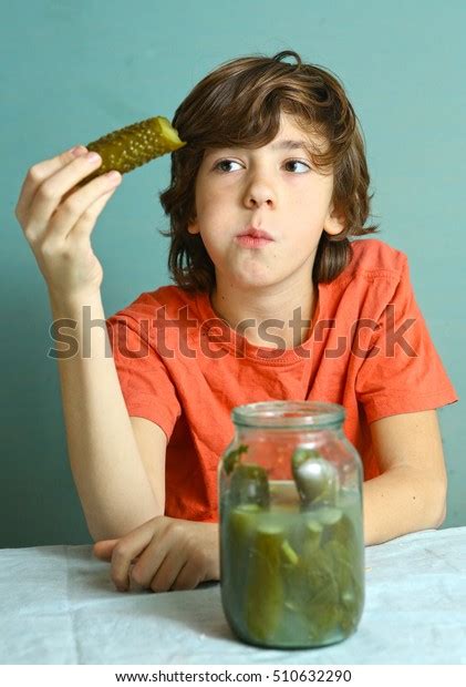 Preteen Boy Eat Marinated Salted Cucumber Stock Photo 510632290