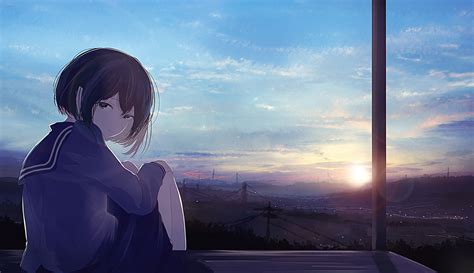 Wallpaper Anime Girl Sunset School Uniform Sky Short Hair