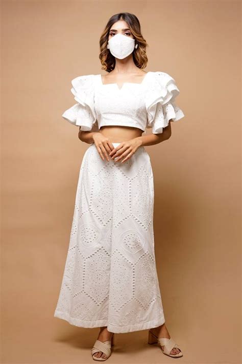 Buy Ahi Clothing White Cotton Cutwork Crop Top And Flared Pant Set
