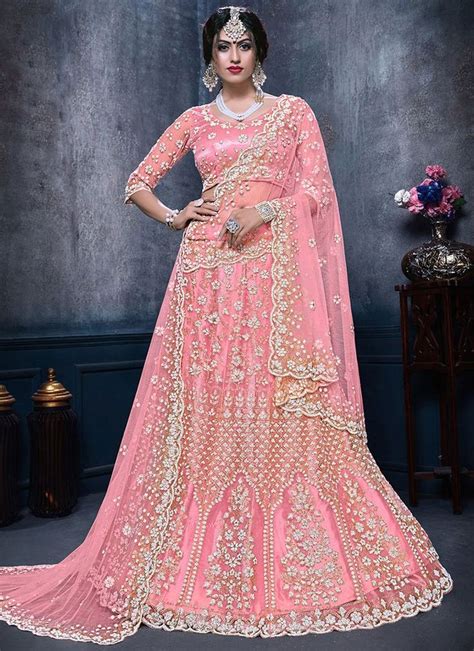 Pink Heavy Embroidered Net Bridal Lehenga Choli Semi Stitched In 2021