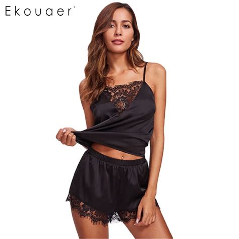 Ekouaer Sexy Summer Pajamas Sleepwear For Women Sleeveless Spaghetti Strap Nightwear Lace Trim
