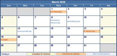 March 2028 Canada Calendar With Holidays For Printing Image Format