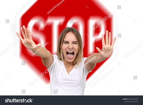Stressed Woman Screaming Showing Stop Hand Stock Photo 1034225887