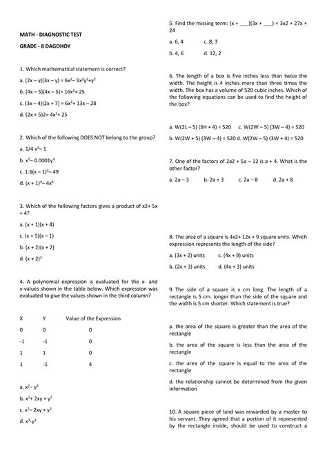 7 Pdf Sample Math Diagnostic Test Free Printable Down