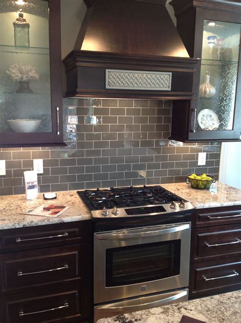 Ice Gray Glass Subway Tile Trendy Kitchen Backsplash Backsplash With Dark Cabinets Kitchen