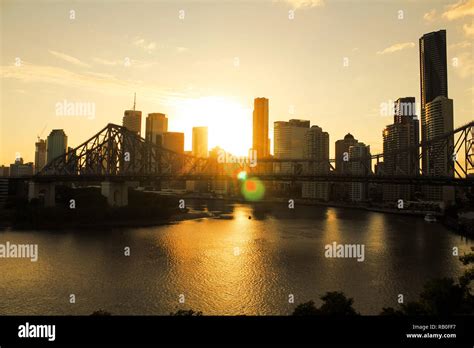 Skyline Of Brisbane With Story Bridge During Sunset In The Background