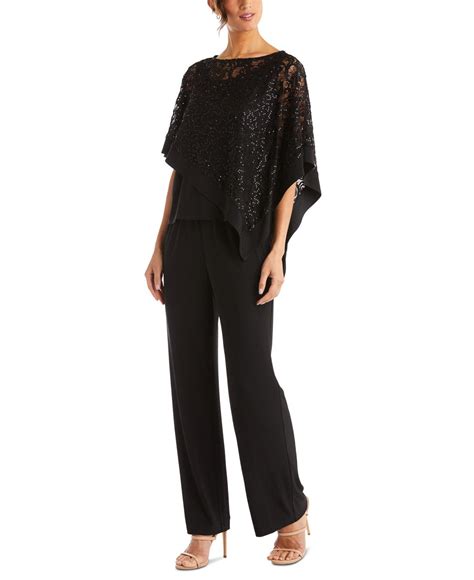 r and m richards synthetic 2 pc sequinned poncho and pants set in black lyst