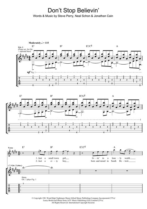 Dont Stop Believin Sheet Music Journey Guitar Tab