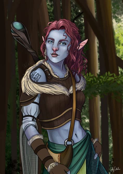 A Woman With Red Hair And Blue Eyes Standing In The Woods Holding An Arrow