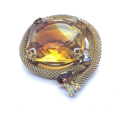 Vintage Citrine Topaz Colored Brooch Glass Faceted Rhinestone Mesh Gold