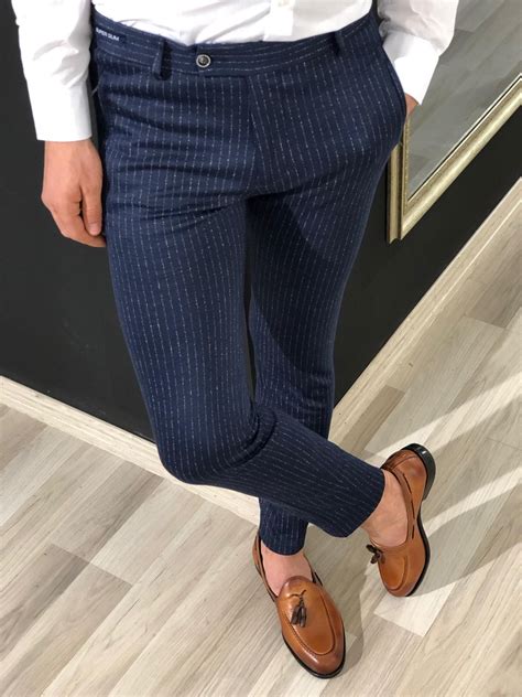Buy Navy Blue Slim Fit Striped Pants By With Free Shipping