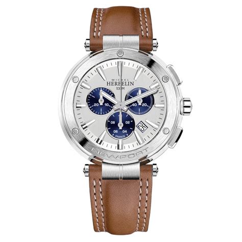 michel herbelin newport chrono quartz watch white dial brown strap 43 mm