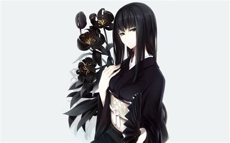 Black Haired Girl Anime In Black Yukata Holding Black Flowers
