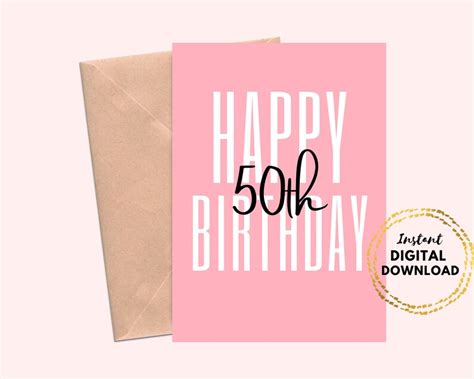 Printable Happy 50th Birthday Card Pink Minimal Birthday Card Etsy